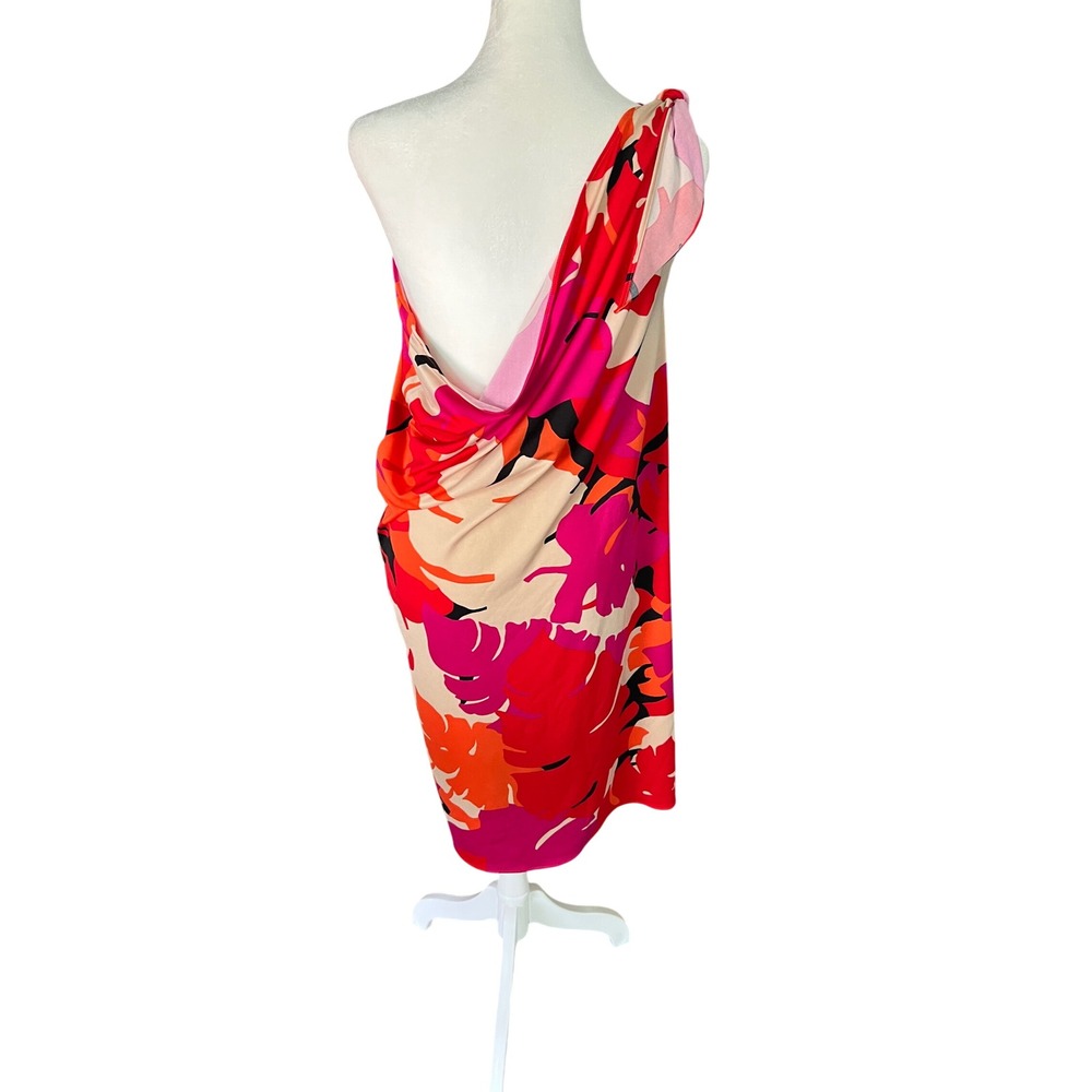 Coco Bianco One Shoulder Tropical Floral Drape Midi Dress Red Pink Small - Picture 2 of 4